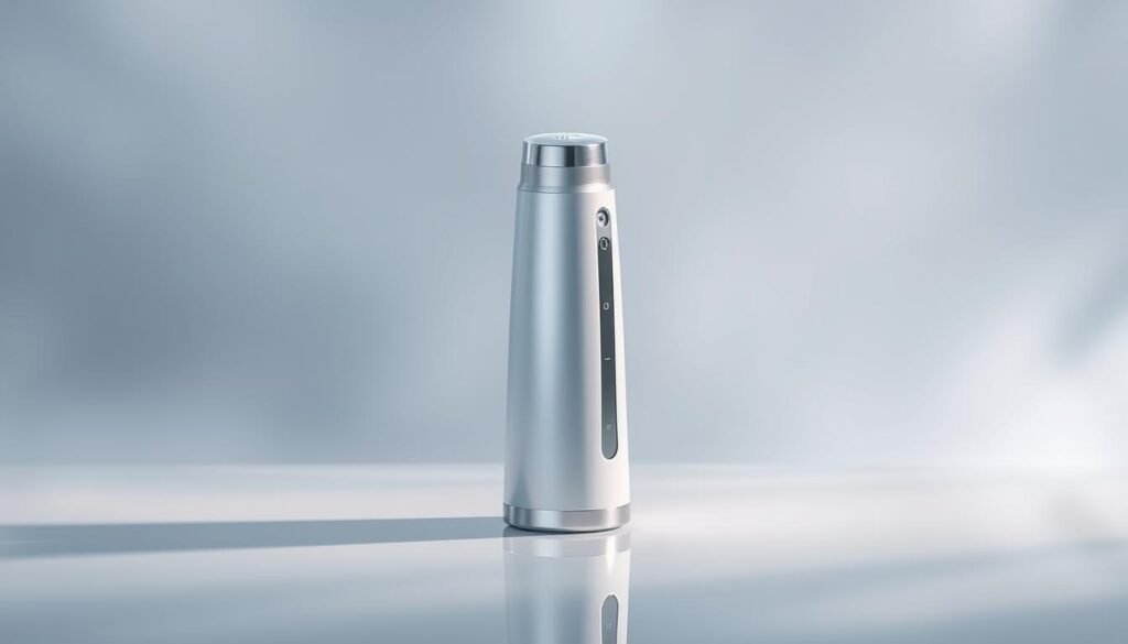 A pristine, elegantly designed Glowin Beaute skin treatment device, featuring the OligioX patented Painless Cryogenic Spray technology. The device's sleek, minimalist form stands prominently on a reflective, glass-like surface, bathed in soft, directional lighting that accentuates its clean lines and premium metallic accents. The background fades into a serene, hazy atmosphere, creating a sense of tranquility and focus on the innovative technology at the heart of this revolutionary skincare solution. A pristine, elegantly designed Glowin Beaute skin treatment device, featuring the OligioX patented Painless Cryogenic Spray technology. The device's sleek, minimalist form stands prominently on a reflective, glass-like surface, bathed in soft, directional lighting that accentuates its clean lines and premium metallic accents. The background fades into a serene, hazy atmosphere, creating a sense of tranquility and focus on the innovative technology at the heart of this revolutionary skincare solution.