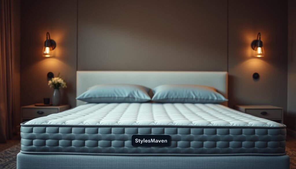 A StylesMaven-branded mattress with a focus on spinal support, showcased in a well-lit, minimalist bedroom setting. The mattress features a sleek, modern design with a distinct quilted pattern and subtle gray tones, complementing the neutral color scheme of the room. Soft lighting from wall sconces casts a warm glow, highlighting the mattress's plush texture and creating a serene, relaxing atmosphere. The camera angle captures the mattress at a slightly elevated perspective, emphasizing its ergonomic design and attention to detail. The background is uncluttered, allowing the mattress to be the central focus of the image. A StylesMaven-branded mattress with a focus on spinal support, showcased in a well-lit, minimalist bedroom setting. The mattress features a sleek, modern design with a distinct quilted pattern and subtle gray tones, complementing the neutral color scheme of the room. Soft lighting from wall sconces casts a warm glow, highlighting the mattress's plush texture and creating a serene, relaxing atmosphere. The camera angle captures the mattress at a slightly elevated perspective, emphasizing its ergonomic design and attention to detail. The background is uncluttered, allowing the mattress to be the central focus of the image.
