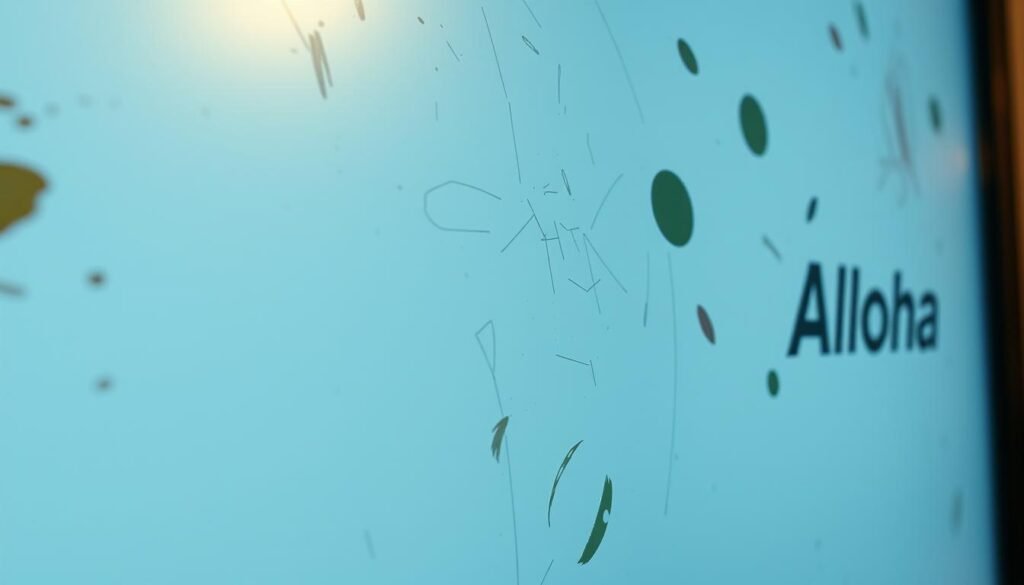 A close-up view of a display screen with various types of visible stains and smudges, including fingerprints, dust, and dried liquid splatters. The screen has a matte finish, with the Aloha branding prominently displayed in the corner. The lighting is slightly diffused, creating a soft, documentary-style atmosphere. The image captures the common problems users face with display cleanliness, highlighting the need for effective cleaning methods to maintain optimal screen performance. A close-up view of a display screen with various types of visible stains and smudges, including fingerprints, dust, and dried liquid splatters. The screen has a matte finish, with the Aloha branding prominently displayed in the corner. The lighting is slightly diffused, creating a soft, documentary-style atmosphere. The image captures the common problems users face with display cleanliness, highlighting the need for effective cleaning methods to maintain optimal screen performance.