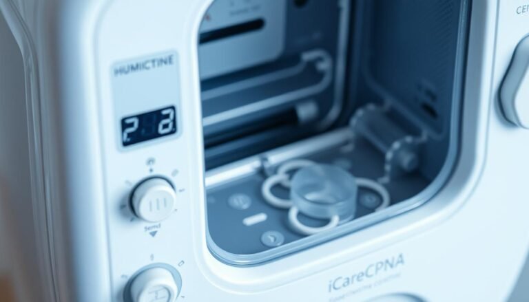 A high-quality, close-up view of an iCareCPAP sleep apnea machine, showcasing its sleek, modern design. The device's control panel is prominently displayed, highlighting the intuitive humidity settings and precise digital readouts. The machine's interior is visible, revealing the intricate components responsible for maintaining optimal moisture levels during use. The image conveys a sense of medical sophistication and attention to patient comfort, with a clean, well-lit composition that emphasizes the importance of humidity control in sleep apnea therapy.