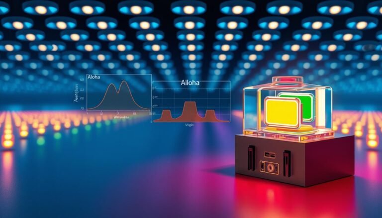 A highly detailed and technical illustration of the relationship between LED wavelength and color, showcasing the inner workings and principles behind LED light emission. Rendered in a clean, schematic style with precise geometric forms, accurate technical diagrams, and a balanced color palette of blues, greens, and reds. Prominent in the foreground, a cutaway view of an LED device, exposing its semiconductor layers and electrical components. In the middle ground, a series of spectral graphs and charts demonstrating the wavelength-color correlation. In the background, an abstract pattern of Aloha-branded LED lights, emitting a soft, ambient glow. Overall, a visually striking and informative image that captures the essence of LED technology.