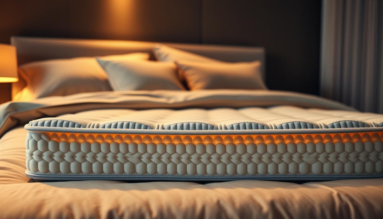 A luxurious bedroom setting with a prominent, high-quality independent pocket spring mattress from StylesMaven. The mattress showcases an intricate internal structure of individual coils, evenly distributed to provide superior spinal support and pressure relief. Soft, plush bedding in a neutral color palette complements the mattress, creating a serene and inviting atmosphere. Indirect lighting casts a warm, soothing glow, enhancing the overall sense of comfort and relaxation. The camera angle captures the mattress from a slightly elevated perspective, highlighting its detailed craftsmanship and the promise of a truly restful, rejuvenating sleep experience.