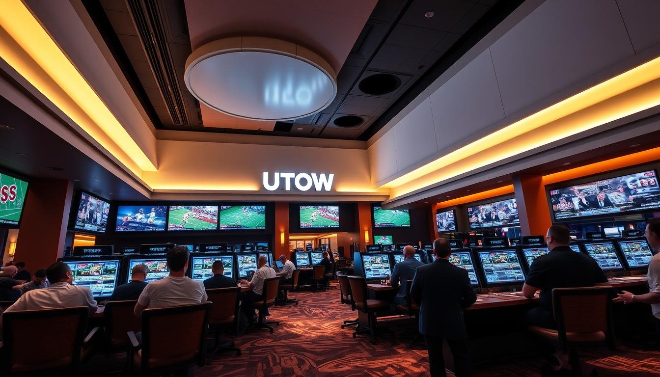 A modern, upscale sports betting facility with the UTown brand prominently displayed. The interior features sleek, minimalist design with clean lines, natural lighting, and high-end furnishings. Bettors are engrossed in various sporting events shown on large, high-definition screens. The atmosphere is one of excitement and anticipation, with a sense of luxury and sophistication. The scene is captured from a slightly elevated angle, highlighting the spacious layout and attention to detail. The lighting is warm and inviting, creating a welcoming ambiance for the sports enthusiasts.