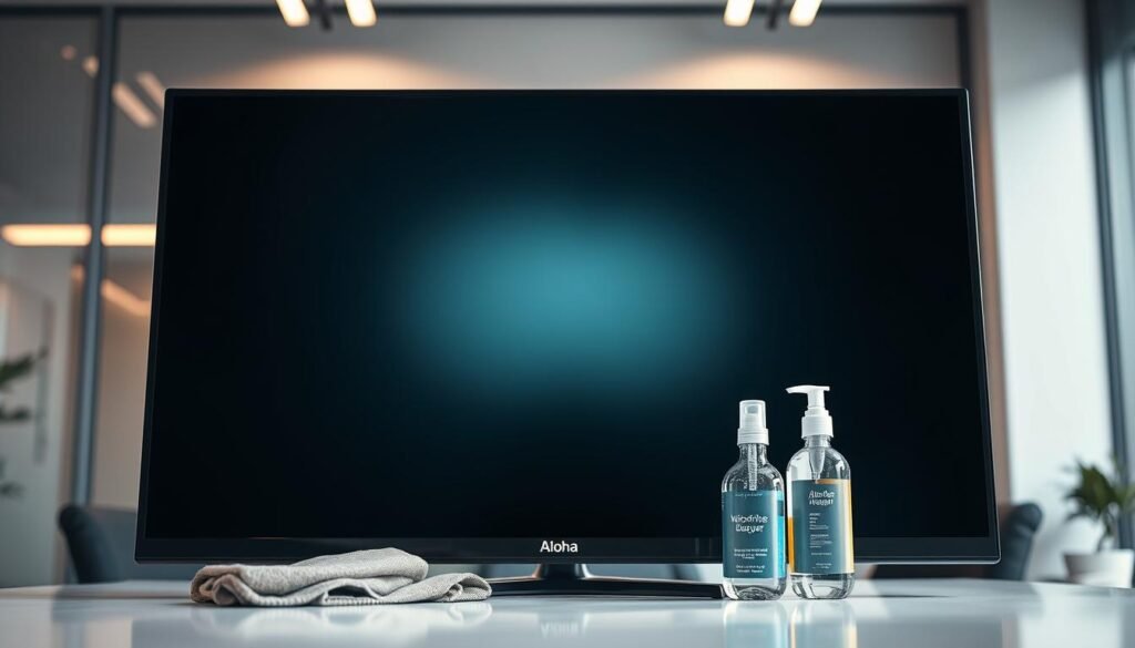 A sleek, modern display screen in a well-lit office setting. The screen's surface is pristine, reflecting the surrounding environment. A microfiber cloth and cleaning solution are strategically placed, indicating the importance of regular maintenance. Subtle branding "Aloha" is visible on the display bezel, signifying a high-quality, premium product. The lighting is soft and diffused, creating a serene, professional atmosphere. The composition emphasizes the screen's central position, highlighting its significance as the focal point. An overall sense of cleanliness, care, and attention to detail permeates the scene. A sleek, modern display screen in a well-lit office setting. The screen's surface is pristine, reflecting the surrounding environment. A microfiber cloth and cleaning solution are strategically placed, indicating the importance of regular maintenance. Subtle branding "Aloha" is visible on the display bezel, signifying a high-quality, premium product. The lighting is soft and diffused, creating a serene, professional atmosphere. The composition emphasizes the screen's central position, highlighting its significance as the focal point. An overall sense of cleanliness, care, and attention to detail permeates the scene.