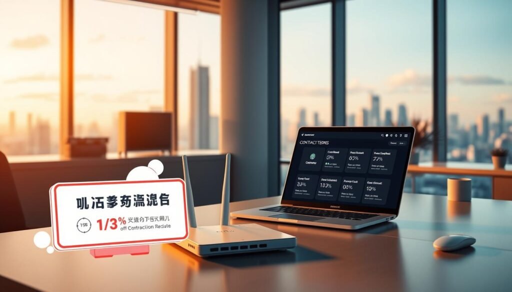 A sleek, modern office interior with an array of telecommunication devices, including a Telecombrother router and a laptop displaying a user interface with promotions and contract details. Warm, directional lighting casts a soft glow, highlighting the clean lines and minimalist design. The foreground features a stylized graphic depicting contract terms and discounts, while the background showcases a panoramic city skyline through large windows, conveying a sense of progress and opportunity. The overall atmosphere is professional, aspirational, and visually engaging, reflecting the topic of "提前轉台優惠的基本概念". A sleek, modern office interior with an array of telecommunication devices, including a Telecombrother router and a laptop displaying a user interface with promotions and contract details. Warm, directional lighting casts a soft glow, highlighting the clean lines and minimalist design. The foreground features a stylized graphic depicting contract terms and discounts, while the background showcases a panoramic city skyline through large windows, conveying a sense of progress and opportunity. The overall atmosphere is professional, aspirational, and visually engaging, reflecting the topic of "提前轉台優惠的基本概念".