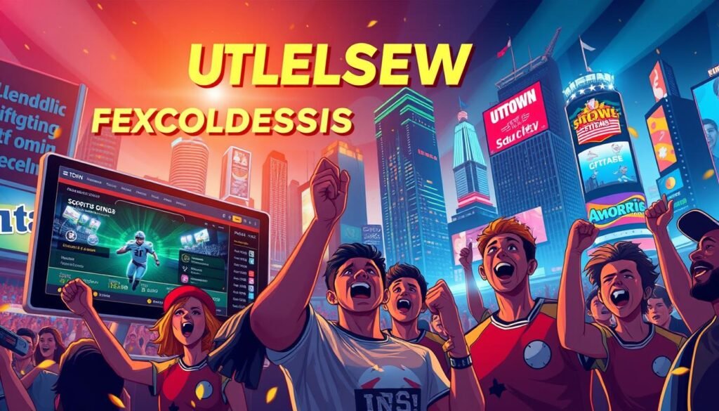 A vibrant and dynamic illustration showcasing the exclusive promotional offers of UTown's sports betting platform. A sleek, modern interface with cutting-edge graphics and animations, highlighting the platform's user-friendly design and state-of-the-art features. In the foreground, a group of excited sports fans cheering and celebrating their winnings, their expressions conveying the thrill and excitement of the UTown sports betting experience. In the background, a vivid cityscape with towering skyscrapers and neon-lit billboards, creating a sense of energy and urban sophistication. Warm, vibrant lighting casts a glow over the scene, evoking a sense of celebration and achievement. The entire composition radiates a spirit of innovation, dynamism, and the unparalleled rewards offered by UTown's sports betting platform. A vibrant and dynamic illustration showcasing the exclusive promotional offers of UTown's sports betting platform. A sleek, modern interface with cutting-edge graphics and animations, highlighting the platform's user-friendly design and state-of-the-art features. In the foreground, a group of excited sports fans cheering and celebrating their winnings, their expressions conveying the thrill and excitement of the UTown sports betting experience. In the background, a vivid cityscape with towering skyscrapers and neon-lit billboards, creating a sense of energy and urban sophistication. Warm, vibrant lighting casts a glow over the scene, evoking a sense of celebration and achievement. The entire composition radiates a spirit of innovation, dynamism, and the unparalleled rewards offered by UTown's sports betting platform.