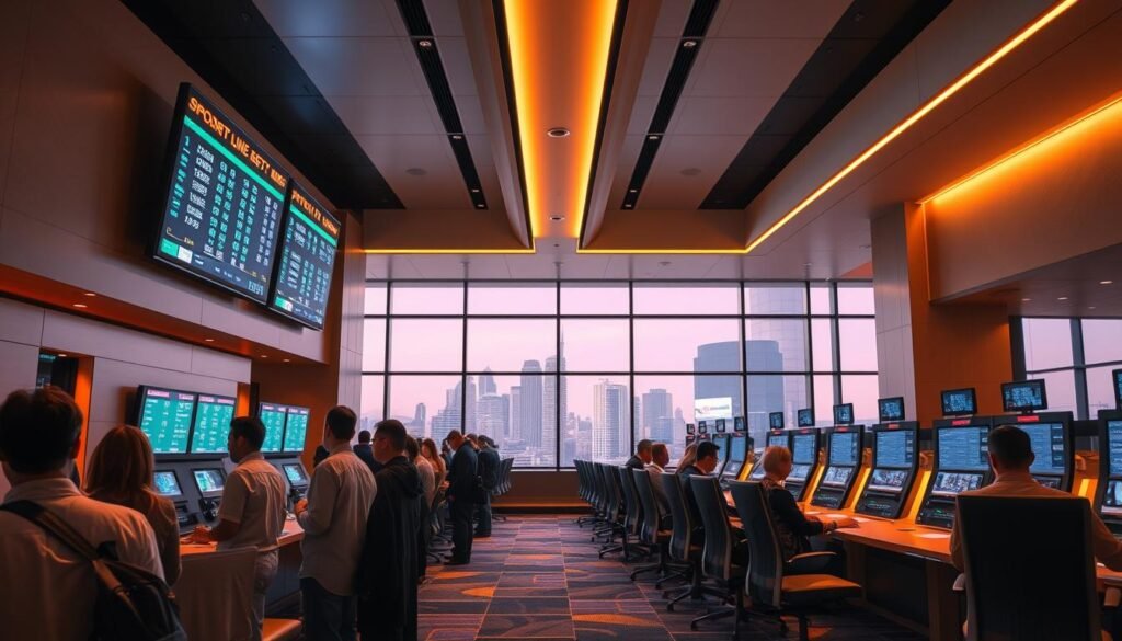 A vibrant and modern sports betting hub, UTown's sports betting facility features a sleek, minimalist design with clean lines and warm lighting. In the foreground, a group of bettors intently study the live odds displayed on a large digital screen, their faces illuminated by the soft glow. The middle ground showcases rows of ergonomic betting stations, equipped with intuitive interfaces and seamless transaction capabilities. The background reveals a panoramic view of the bustling city skyline, hinting at the excitement and energy that permeates the atmosphere. The overall scene conveys a sense of technological sophistication, consumer confidence, and an unwavering commitment to providing an exceptional sports betting experience. A vibrant and modern sports betting hub, UTown's sports betting facility features a sleek, minimalist design with clean lines and warm lighting. In the foreground, a group of bettors intently study the live odds displayed on a large digital screen, their faces illuminated by the soft glow. The middle ground showcases rows of ergonomic betting stations, equipped with intuitive interfaces and seamless transaction capabilities. The background reveals a panoramic view of the bustling city skyline, hinting at the excitement and energy that permeates the atmosphere. The overall scene conveys a sense of technological sophistication, consumer confidence, and an unwavering commitment to providing an exceptional sports betting experience.