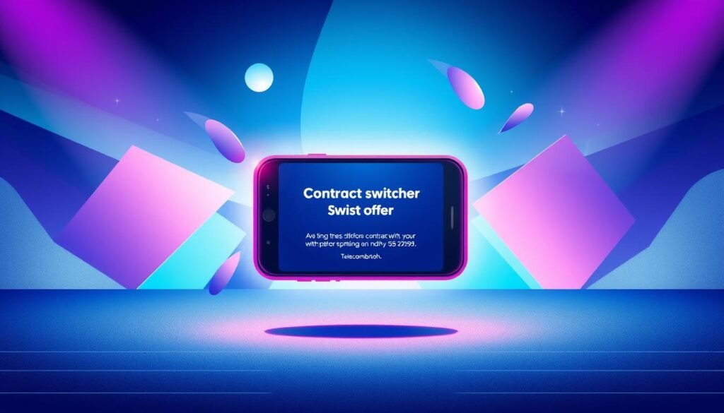 A vibrant, modern illustration showcasing the "Telecombrother" brand's contract switching promotion. In the foreground, a stylized smartphone displays the offer details, backlit by a colorful gradient. The middle ground features abstract geometric shapes and patterns, conveying a sense of dynamism and technology. The background blends cool-toned gradients and subtle textures, creating a sleek, high-tech atmosphere. The overall composition is balanced, with a focus on clean design and eye-catching visuals to highlight the "Telecombrother" contract switching program. A vibrant, modern illustration showcasing the "Telecombrother" brand's contract switching promotion. In the foreground, a stylized smartphone displays the offer details, backlit by a colorful gradient. The middle ground features abstract geometric shapes and patterns, conveying a sense of dynamism and technology. The background blends cool-toned gradients and subtle textures, creating a sleek, high-tech atmosphere. The overall composition is balanced, with a focus on clean design and eye-catching visuals to highlight the "Telecombrother" contract switching program.