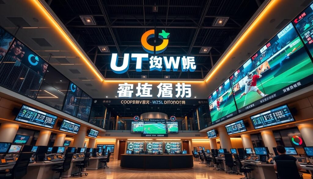A wide shot of a modern, high-tech sports betting facility with the UTown logo prominently displayed. The interior is bright and airy, with sleek betting terminals, large screens displaying live sports events, and a bustling atmosphere. Careful attention is paid to the competitive betting odds and payouts on display, reflecting the section title "優塔體育投注的競爭賠率分析". The lighting is warm and natural, creating a welcoming and engaging environment for sports enthusiasts to enjoy the UTown betting experience. A wide shot of a modern, high-tech sports betting facility with the UTown logo prominently displayed. The interior is bright and airy, with sleek betting terminals, large screens displaying live sports events, and a bustling atmosphere. Careful attention is paid to the competitive betting odds and payouts on display, reflecting the section title "優塔體育投注的競爭賠率分析". The lighting is warm and natural, creating a welcoming and engaging environment for sports enthusiasts to enjoy the UTown betting experience.