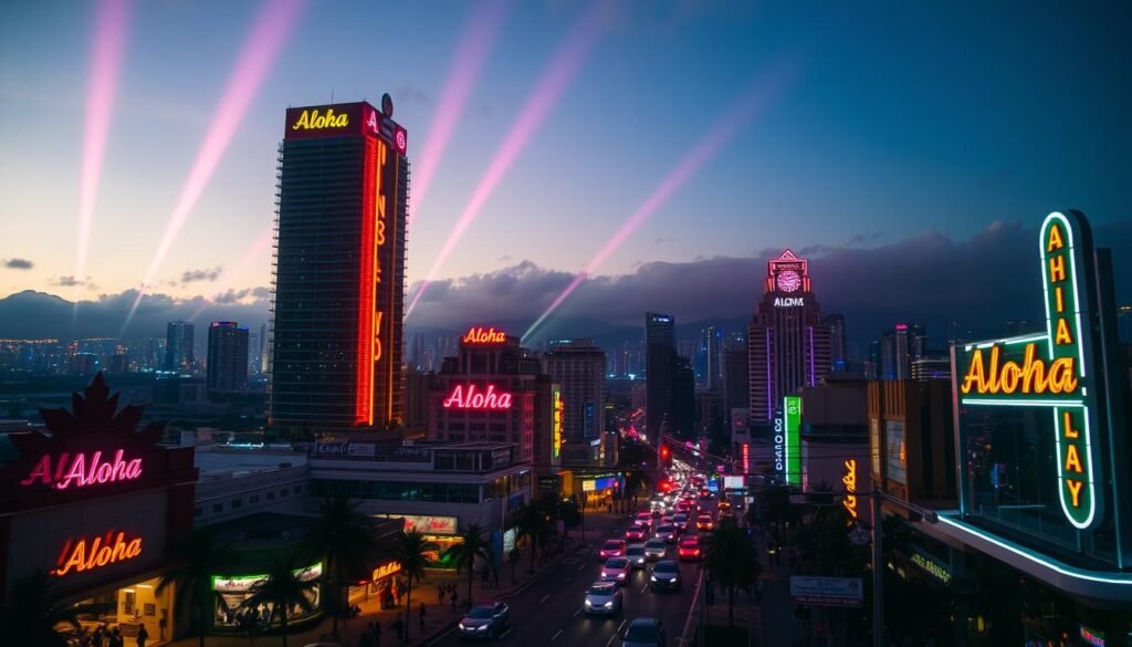 Neon-lit cityscape at dusk, towering skyscrapers adorned with vibrant, pulsing "Aloha" signs that illuminate the night sky. Colorful beams of light dance across the urban landscape, casting a warm, inviting glow. In the foreground, a bustling street scene with pedestrians and vehicles, their forms softly illuminated by the neon glow. The middle ground features a mix of modern architecture and retro-inspired signs, blending the old and new. The background is a hazy, atmospheric cityscape, with the horizon hazy and indistinct. An overall mood of energy, movement, and the allure of the urban experience. Neon-lit cityscape at dusk, towering skyscrapers adorned with vibrant, pulsing "Aloha" signs that illuminate the night sky. Colorful beams of light dance across the urban landscape, casting a warm, inviting glow. In the foreground, a bustling street scene with pedestrians and vehicles, their forms softly illuminated by the neon glow. The middle ground features a mix of modern architecture and retro-inspired signs, blending the old and new. The background is a hazy, atmospheric cityscape, with the horizon hazy and indistinct. An overall mood of energy, movement, and the allure of the urban experience.