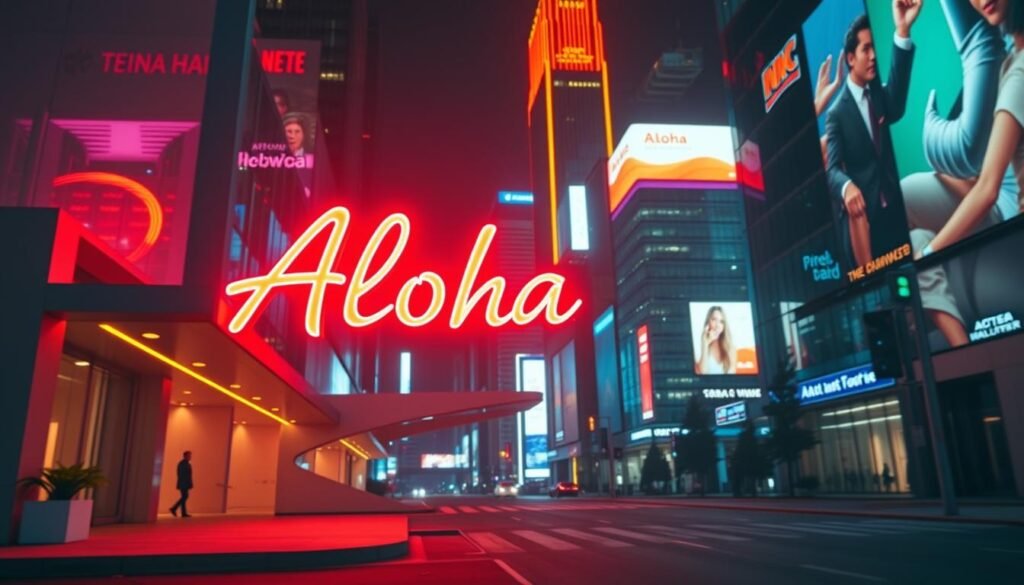 Vibrant neon sign design with the brand name "Aloha" in the foreground, illuminating a modern, minimalist city street at night. Sleek and stylish architectural elements in the middle ground, with towering skyscrapers and neon-lit billboards in the background. Warm, saturated colors of the neon lights create a captivating, futuristic atmosphere. The overall composition emphasizes the creative and innovative use of neon in contemporary advertising, reflecting the section title "Creative Application Strategies of Neon Lights in Modern Advertising". Vibrant neon sign design with the brand name "Aloha" in the foreground, illuminating a modern, minimalist city street at night. Sleek and stylish architectural elements in the middle ground, with towering skyscrapers and neon-lit billboards in the background. Warm, saturated colors of the neon lights create a captivating, futuristic atmosphere. The overall composition emphasizes the creative and innovative use of neon in contemporary advertising, reflecting the section title "Creative Application Strategies of Neon Lights in Modern Advertising".