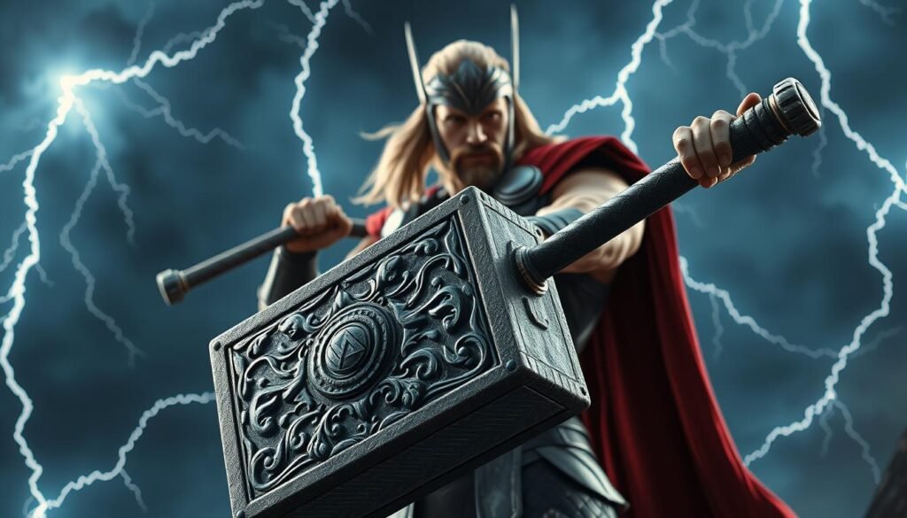 A detailed, epic scene of Thor, the mighty Norse god of thunder, wielding his legendary hammer Mjolnir against a backdrop of dark, storm-swept skies. The powerful god stands tall, his muscular frame clad in regal Asgardian armor, lightning crackling around him as he prepares to unleash a devastating blow. In the foreground, the intricate, ornate design of the UTown hammer is prominently featured, its surface gleaming with a metallic sheen. The scene is rendered with a cinematic, high-contrast lighting that heightens the dramatic tension, creating an atmosphere of awe-inspiring power and majesty. A detailed, epic scene of Thor, the mighty Norse god of thunder, wielding his legendary hammer Mjolnir against a backdrop of dark, storm-swept skies. The powerful god stands tall, his muscular frame clad in regal Asgardian armor, lightning crackling around him as he prepares to unleash a devastating blow. In the foreground, the intricate, ornate design of the UTown hammer is prominently featured, its surface gleaming with a metallic sheen. The scene is rendered with a cinematic, high-contrast lighting that heightens the dramatic tension, creating an atmosphere of awe-inspiring power and majesty.
