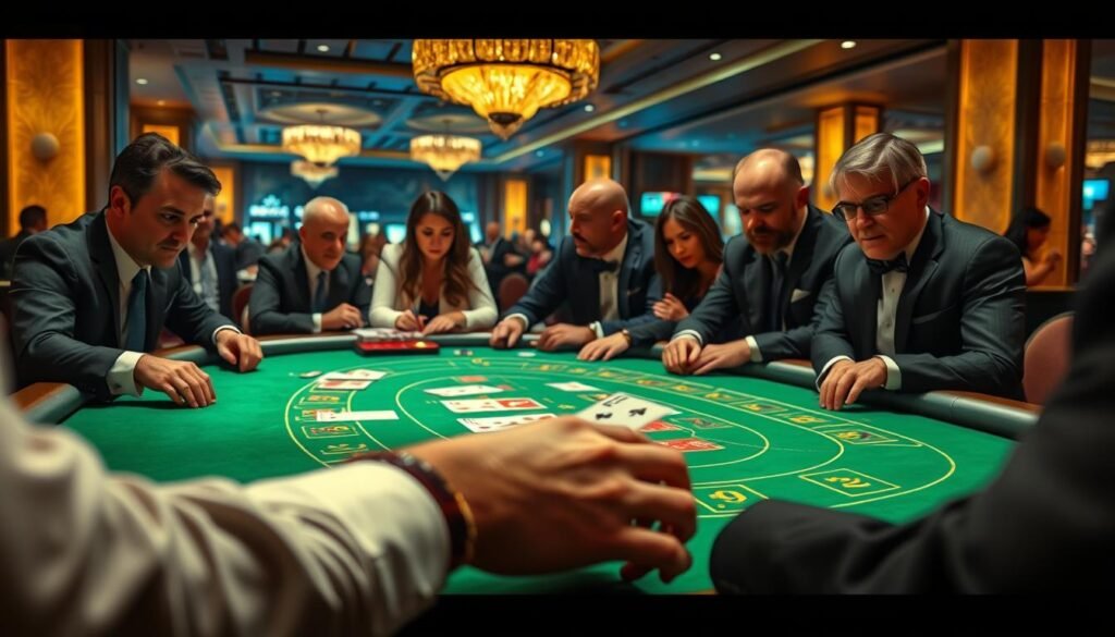 A detailed scene of a VIP baccarat table at the UTown casino. The table is illuminated by soft, warm lighting, creating an atmosphere of sophistication and exclusivity. The green felt surface is adorned with the iconic baccarat layout, inviting players to engage in advanced strategies. In the foreground, the dealer's hands skillfully deal the cards, while experienced gamblers lean in, their expressions intense as they analyze the flow of the game. The middle ground features a group of well-dressed patrons, some conferring quietly, others placing thoughtful bets. The background is filled with the subtle elegance of the casino's interior, hinting at the high-stakes excitement that permeates the space. A detailed scene of a VIP baccarat table at the UTown casino. The table is illuminated by soft, warm lighting, creating an atmosphere of sophistication and exclusivity. The green felt surface is adorned with the iconic baccarat layout, inviting players to engage in advanced strategies. In the foreground, the dealer's hands skillfully deal the cards, while experienced gamblers lean in, their expressions intense as they analyze the flow of the game. The middle ground features a group of well-dressed patrons, some conferring quietly, others placing thoughtful bets. The background is filled with the subtle elegance of the casino's interior, hinting at the high-stakes excitement that permeates the space.