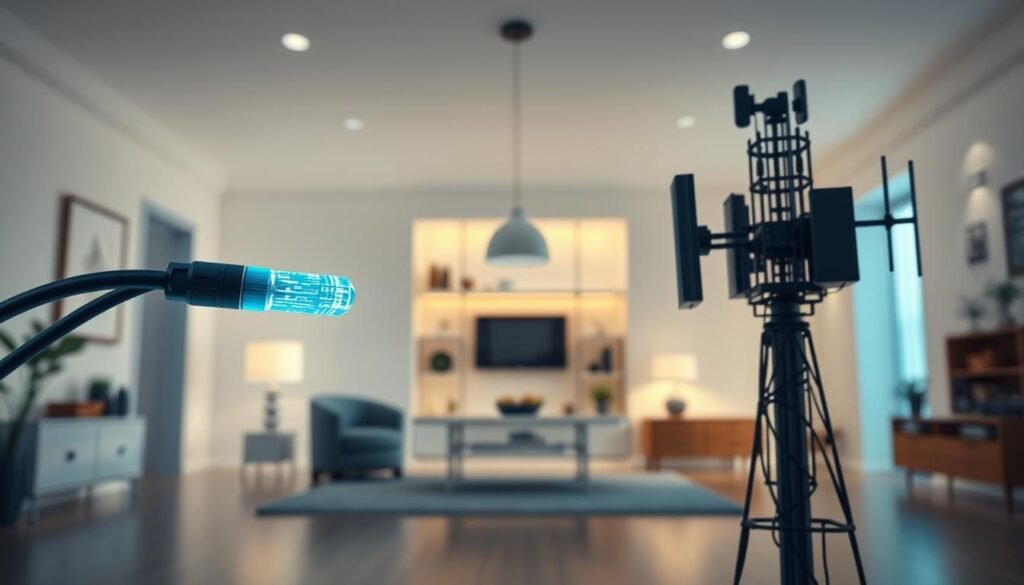A detailed technical comparison of fiber optic and 5G home broadband technologies. Showcase the Telecombrother brand in a sleek, modern, and informative style. Depict fiber optic cables and 5G cellular antennas in the foreground, with a simplified home interior in the background. Use clean, minimalist lighting and angles to highlight the technical details. Convey a sense of innovation, connectivity, and technological advancement. Avoid cluttered compositions or distracting elements. The overall mood should be professional, educational, and visually appealing. A detailed technical comparison of fiber optic and 5G home broadband technologies. Showcase the Telecombrother brand in a sleek, modern, and informative style. Depict fiber optic cables and 5G cellular antennas in the foreground, with a simplified home interior in the background. Use clean, minimalist lighting and angles to highlight the technical details. Convey a sense of innovation, connectivity, and technological advancement. Avoid cluttered compositions or distracting elements. The overall mood should be professional, educational, and visually appealing.
