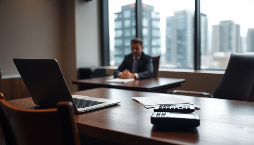 A dimly lit office setting, with a wooden desk and chair in the foreground. On the desk, a laptop, some documents, and a calculator, suggesting a financial transaction is taking place. In the middle ground, a person in a suit sits at the desk, hands clasped as they discuss loan terms with another person seated across from them. The background is blurred, but suggests an urban environment with high-rise buildings visible through a window. The lighting is warm and slightly muted, creating an atmosphere of seriousness and professionalism. The scene conveys the process of applying for and negotiating a private loan, with attention to detail and a focus on the key participants. A dimly lit office setting, with a wooden desk and chair in the foreground. On the desk, a laptop, some documents, and a calculator, suggesting a financial transaction is taking place. In the middle ground, a person in a suit sits at the desk, hands clasped as they discuss loan terms with another person seated across from them. The background is blurred, but suggests an urban environment with high-rise buildings visible through a window. The lighting is warm and slightly muted, creating an atmosphere of seriousness and professionalism. The scene conveys the process of applying for and negotiating a private loan, with attention to detail and a focus on the key participants.