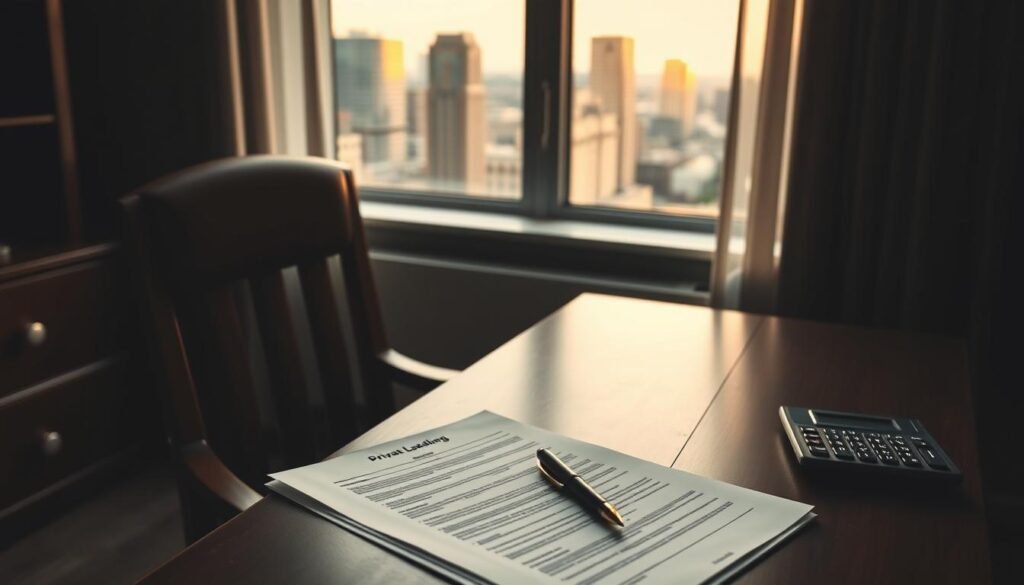A dimly lit office setting, with a wooden desk and chair in the foreground. On the desk, a stack of documents, a pen, and a calculator, symbolizing the financial calculations involved in private lending. The background features a window overlooking a cityscape, casting a warm, golden glow on the scene. The atmosphere is one of serious contemplation, with the subject matter of private lending and debt consolidation reflected in the details of the image. A dimly lit office setting, with a wooden desk and chair in the foreground. On the desk, a stack of documents, a pen, and a calculator, symbolizing the financial calculations involved in private lending. The background features a window overlooking a cityscape, casting a warm, golden glow on the scene. The atmosphere is one of serious contemplation, with the subject matter of private lending and debt consolidation reflected in the details of the image.