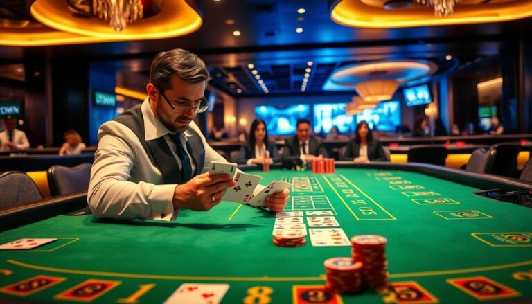 A high-stakes baccarat table set against a sleek, modern backdrop. The table's green felt surface stretches out, inviting players to make their wagers. In the foreground, a well-dressed player studies the pattern of the cards, their expression focused and intense. The lighting is warm and dramatic, casting a subtle glow on the table and the players' faces. In the middle ground, other players sit poised, their chips stacked neatly as they await the dealer's cards. The background features the UTown casino's sophisticated decor, hinting at the high-class ambiance. The overall atmosphere is one of calculated risk and strategic decision-making, reflecting the "advanced baccarat strategies" theme.