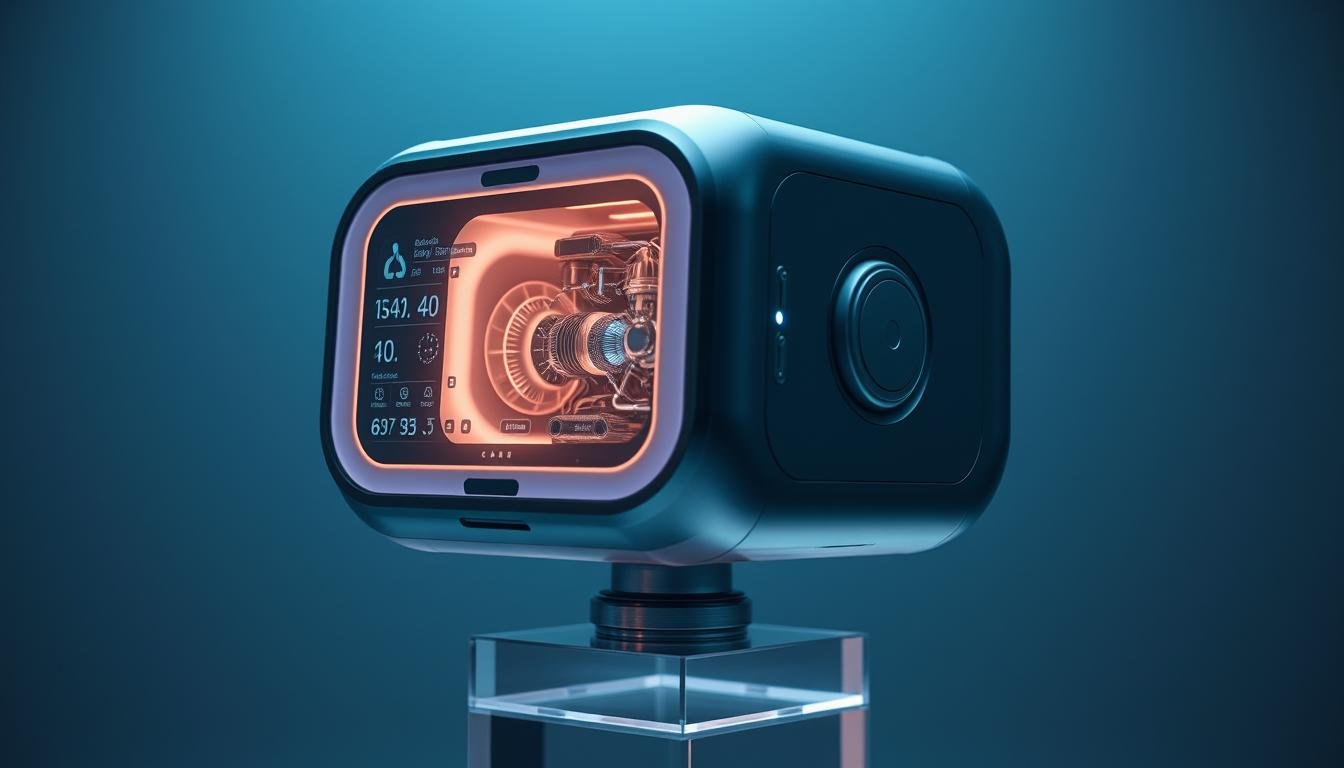 A high-tech sleep apnea device with an intelligent sensing system. Sleek, futuristic iCareCPAP machine with a metallic casing and minimal design. Softly glowing panels display vital metrics as the device automatically adjusts air pressure to the user's breathing patterns. Intricate internal mechanisms whir quietly, precisely monitoring and regulating airflow. Ambient lighting casts a soothing glow, creating a calming, meditative atmosphere. The device hovers elegantly on a transparent display stand, showcasing its advanced, self-optimizing technology.