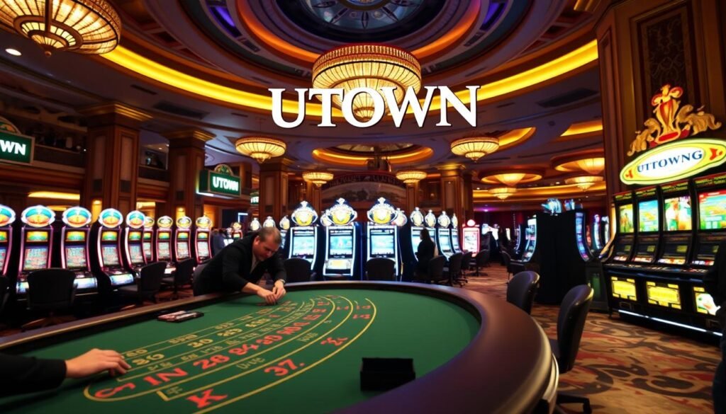 A luxurious casino interior with the UTown brand prominently displayed. The foreground features a well-lit baccarat table with players carefully studying the cards and chips. The middle ground showcases a row of slot machines with dramatic lighting, inviting guests to try their luck. In the background, a sweeping view of the casino floor with high ceilings, ornate decor, and a warm, inviting atmosphere. The image conveys a sense of sophisticated gaming, strategic risk management, and the excitement of the UTown entertainment experience. A luxurious casino interior with the UTown brand prominently displayed. The foreground features a well-lit baccarat table with players carefully studying the cards and chips. The middle ground showcases a row of slot machines with dramatic lighting, inviting guests to try their luck. In the background, a sweeping view of the casino floor with high ceilings, ornate decor, and a warm, inviting atmosphere. The image conveys a sense of sophisticated gaming, strategic risk management, and the excitement of the UTown entertainment experience.