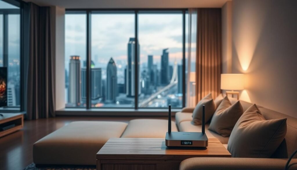 A modern, well-lit living room showcases the latest 5G home WiFi technology from Telecombrother. In the foreground, a sleek, minimalist router sits atop a wooden side table, its LED indicators pulsing with the connection's strength. Through the large windows, a panoramic view of a vibrant city skyline sets the scene, creating a sense of urban sophistication. Soft, diffused lighting illuminates the room, highlighting the clean lines of the contemporary furniture and the seamless integration of the 5G network. The overall atmosphere conveys a harmonious balance of technology and comfort, perfectly capturing the essence of the "Hong Kong's Major Telecom Providers 5G Plan Comparison" section.