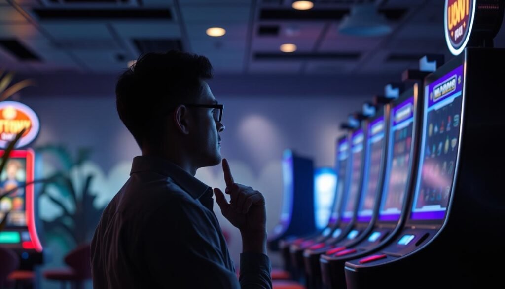 A serene oasis of responsibility and safety, where the UTown entertainment city's CG electronic slot machines beckon. Soft lighting bathes the scene, casting a warm glow on the sleek, modern gaming machines. In the foreground, a thoughtful player contemplates their next move, mindful of the importance of moderation. The background features calming natural elements, subtly reminding us of the need for balance. The overall atmosphere conveys a sense of responsible gaming, where enjoyment and caution coexist in harmony.