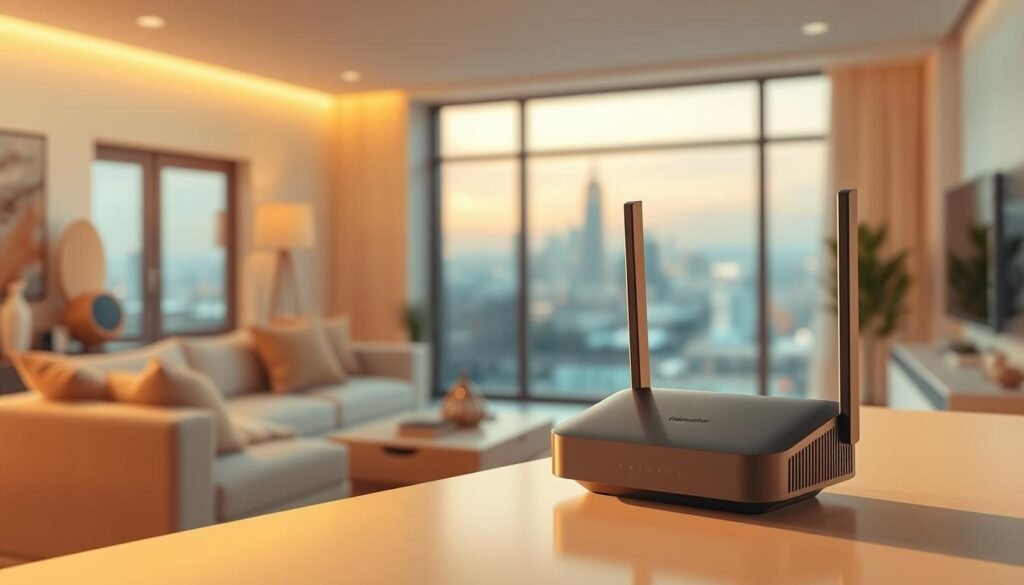 A sleek and modern 5G home Wi-Fi router from Telecombrother, bathed in a warm, soft light. The device is prominently displayed in the foreground, with a minimalist and streamlined design. The middle ground features a cozy, well-lit living room, with plush furniture and inviting decor. In the background, a large window overlooks a cityscape, hinting at the seamless connectivity and fast speeds of the 5G network. The overall atmosphere is one of comfort, convenience, and technological advancement, reflecting the growing popularity of 5G home Wi-Fi solutions.