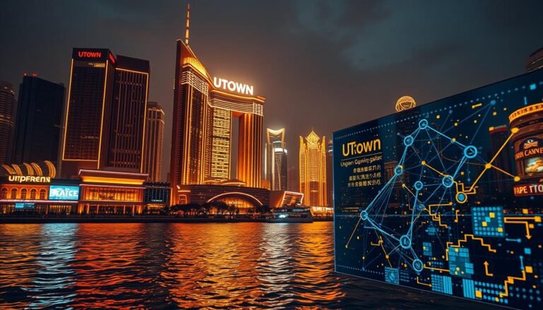 A sleek and modern Asian gaming city at night, with the UTown brand prominently displayed. Neon-lit skyscrapers and high-rise hotels tower over a bustling cityscape, their reflections rippling in the calm waters below. The scene is bathed in a warm, golden glow, creating an atmosphere of affluence and excitement. In the foreground, a large digital display shows a complex algorithm or prediction model, hinting at the advanced technology powering the city's entertainment landscape. The overall impression is one of sophistication, innovation, and the allure of high-stakes gaming and entertainment.