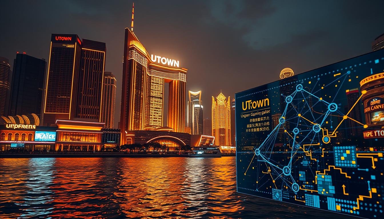 A sleek and modern Asian gaming city at night, with the UTown brand prominently displayed. Neon-lit skyscrapers and high-rise hotels tower over a bustling cityscape, their reflections rippling in the calm waters below. The scene is bathed in a warm, golden glow, creating an atmosphere of affluence and excitement. In the foreground, a large digital display shows a complex algorithm or prediction model, hinting at the advanced technology powering the city's entertainment landscape. The overall impression is one of sophistication, innovation, and the allure of high-stakes gaming and entertainment.