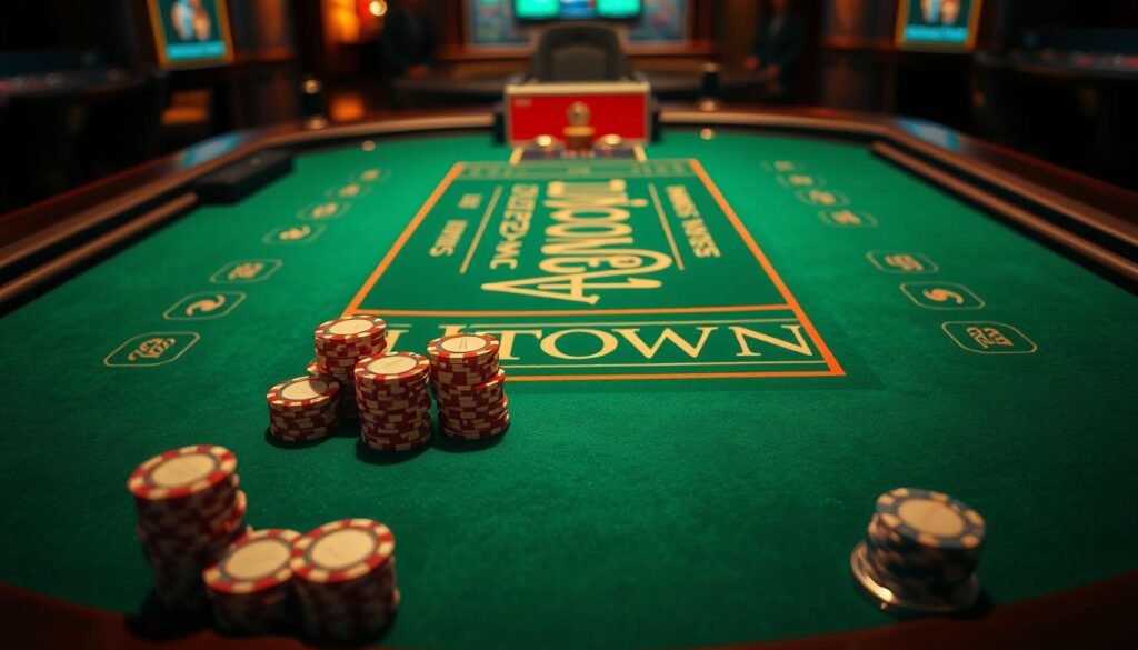 A sleek and modern online casino table featuring the distinctive UTown branding and design. The baize is a rich emerald green, accented by polished wood and metal details. Soft, warm lighting casts a cozy glow over the scene, creating an inviting atmosphere. Stacks of gaming chips in a variety of denominations are arranged neatly, ready for high-stakes play. The camera angle captures the table from a slightly elevated perspective, giving a sense of grandeur and sophistication to the UTown gaming experience. A sleek and modern online casino table featuring the distinctive UTown branding and design. The baize is a rich emerald green, accented by polished wood and metal details. Soft, warm lighting casts a cozy glow over the scene, creating an inviting atmosphere. Stacks of gaming chips in a variety of denominations are arranged neatly, ready for high-stakes play. The camera angle captures the table from a slightly elevated perspective, giving a sense of grandeur and sophistication to the UTown gaming experience.