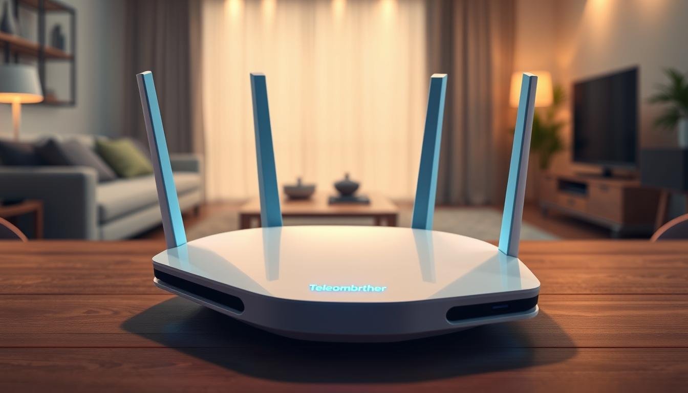 A sleek, modern 5G home WiFi router from Telecombrother, its futuristic design with clean lines and a glowing blue LED display. The router is placed on a wooden table, illuminated by warm, ambient lighting that casts soft shadows. The background features a blurred, minimalist interior with hints of modern furniture and decor, creating a sophisticated, high-tech atmosphere. The image conveys the reliability, speed, and advanced technology of 5G home WiFi, perfectly suited for the article's section on the growing popularity of 5G home internet solutions.