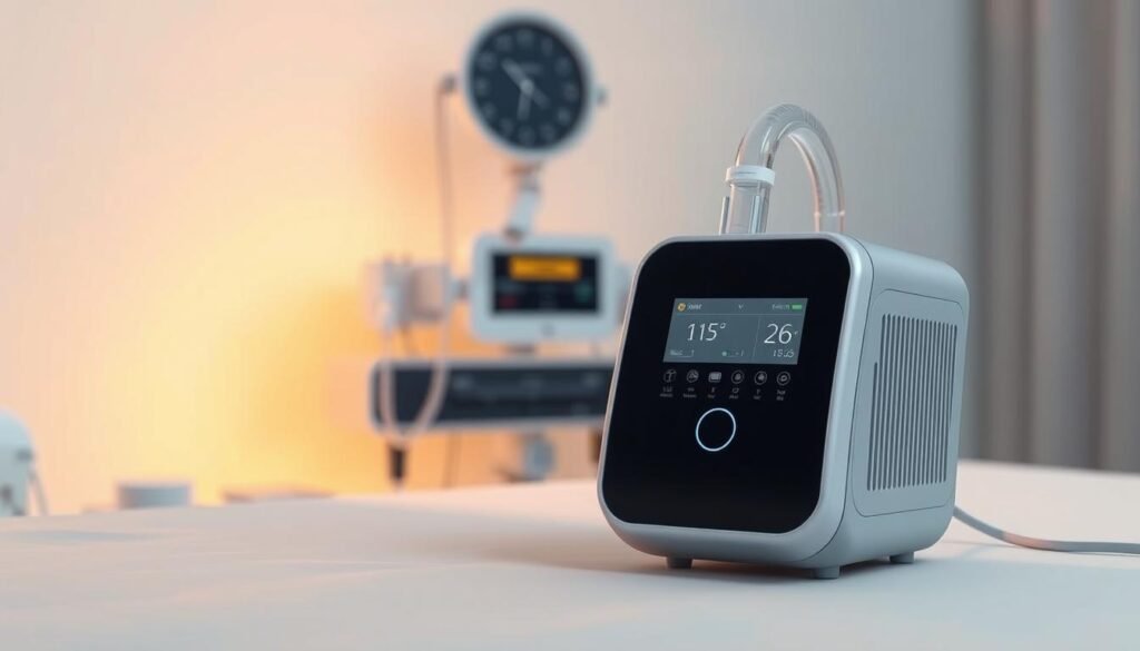 A sleek, modern iCareCPAP auto-adjusting sleep apnea machine set against a clean, minimalist background. The device is rendered in high detail, showcasing its intuitive digital controls and streamlined design. Soft, warm lighting casts a gentle glow, creating a calming, therapeutic atmosphere. The machine is positioned prominently in the foreground, with the middle ground featuring subtly blurred medical equipment and the background filled with a soothing, neutral color palette. The overall composition conveys the intelligent, user-friendly nature of the iCareCPAP system, highlighting its ability to automatically adjust to the user's breathing patterns for optimal sleep health. A sleek, modern iCareCPAP auto-adjusting sleep apnea machine set against a clean, minimalist background. The device is rendered in high detail, showcasing its intuitive digital controls and streamlined design. Soft, warm lighting casts a gentle glow, creating a calming, therapeutic atmosphere. The machine is positioned prominently in the foreground, with the middle ground featuring subtly blurred medical equipment and the background filled with a soothing, neutral color palette. The overall composition conveys the intelligent, user-friendly nature of the iCareCPAP system, highlighting its ability to automatically adjust to the user's breathing patterns for optimal sleep health.