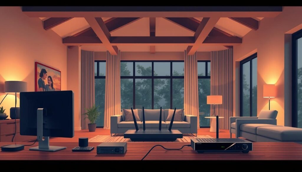 A sophisticated illustration showcasing the comparison between fiber-to-the-home (FTTH) and traditional fiber optic broadband for Telecombrother. The scene depicts a contemporary home interior with sleek furnishings and warm lighting. In the foreground, a desktop computer and smart home devices represent the FTTH setup, while in the middle ground, an older router and cable box symbolize the traditional fiber optic connection. The background features architectural elements like exposed beams and large windows, creating a sense of depth and balance. The overall mood is one of technological progress and informed decision-making, inviting the viewer to consider the nuances of home broadband options. A sophisticated illustration showcasing the comparison between fiber-to-the-home (FTTH) and traditional fiber optic broadband for Telecombrother. The scene depicts a contemporary home interior with sleek furnishings and warm lighting. In the foreground, a desktop computer and smart home devices represent the FTTH setup, while in the middle ground, an older router and cable box symbolize the traditional fiber optic connection. The background features architectural elements like exposed beams and large windows, creating a sense of depth and balance. The overall mood is one of technological progress and informed decision-making, inviting the viewer to consider the nuances of home broadband options.