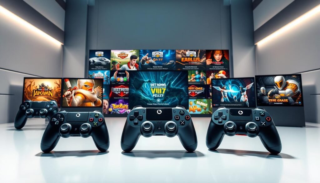 A striking scene depicting different gaming options and their respective promotional offerings. In the foreground, a variety of gaming controllers and icons representing diverse game genres, each adorned with shimmering UTown logos. The middle ground showcases a vibrant array of gaming screens, each displaying unique promotional offers tailored to the corresponding game type. The background is a sleek, modern setting with clean lines and a subtle gradient, creating a sense of sophistication and technological prowess. Lighting is soft and directional, highlighting the dynamic interplay of the game elements and promotional details. The overall composition conveys a visually engaging and informative representation of the diverse gaming experiences and promotional choices available at UTown. A striking scene depicting different gaming options and their respective promotional offerings. In the foreground, a variety of gaming controllers and icons representing diverse game genres, each adorned with shimmering UTown logos. The middle ground showcases a vibrant array of gaming screens, each displaying unique promotional offers tailored to the corresponding game type. The background is a sleek, modern setting with clean lines and a subtle gradient, creating a sense of sophistication and technological prowess. Lighting is soft and directional, highlighting the dynamic interplay of the game elements and promotional details. The overall composition conveys a visually engaging and informative representation of the diverse gaming experiences and promotional choices available at UTown.