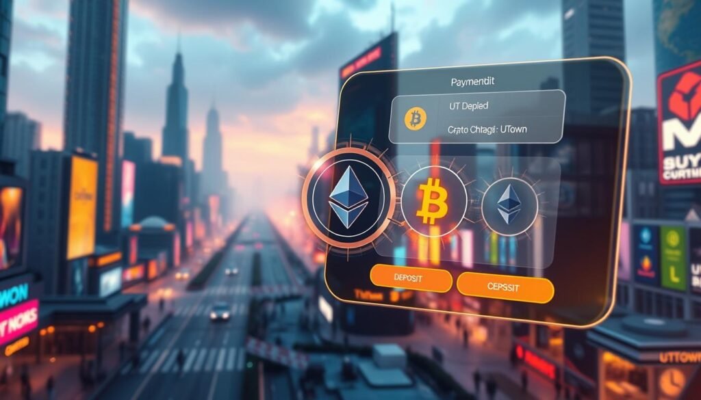 A vibrant and futuristic scene showcasing the payment methods of the crypto-powered entertainment hub, UTown. In the foreground, a sleek and intuitive digital wallet interface with seamless crypto deposit and withdrawal options. The middle ground features a variety of payment icons, including Bitcoin, Ethereum, and UTown's native token, pulsing with energy. In the background, a cityscape of towering skyscrapers and neon-lit streets, reflecting the cutting-edge technology that powers UTown's innovative financial ecosystem. The scene is bathed in a warm, futuristic glow, conveying the excitement and convenience of crypto-based entertainment. A vibrant and futuristic scene showcasing the payment methods of the crypto-powered entertainment hub, UTown. In the foreground, a sleek and intuitive digital wallet interface with seamless crypto deposit and withdrawal options. The middle ground features a variety of payment icons, including Bitcoin, Ethereum, and UTown's native token, pulsing with energy. In the background, a cityscape of towering skyscrapers and neon-lit streets, reflecting the cutting-edge technology that powers UTown's innovative financial ecosystem. The scene is bathed in a warm, futuristic glow, conveying the excitement and convenience of crypto-based entertainment.