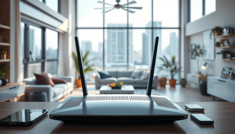 A vibrant and modern household interior, bathed in soft natural lighting through large windows. The central focus is a sleek, high-tech 'Telecombrother' router, showcasing its advanced connectivity capabilities. In the foreground, various smart home devices and gadgets are seamlessly integrated, highlighting the harmony of fiber optic and 5G technologies. The middle ground features a cozy living space with comfortable furnishings, demonstrating the practical applications of fast, reliable home broadband. The background subtly hints at the urban landscape outside, creating a sense of connectivity between the home and the digital world. The overall atmosphere conveys a sense of technological sophistication and domestic comfort.