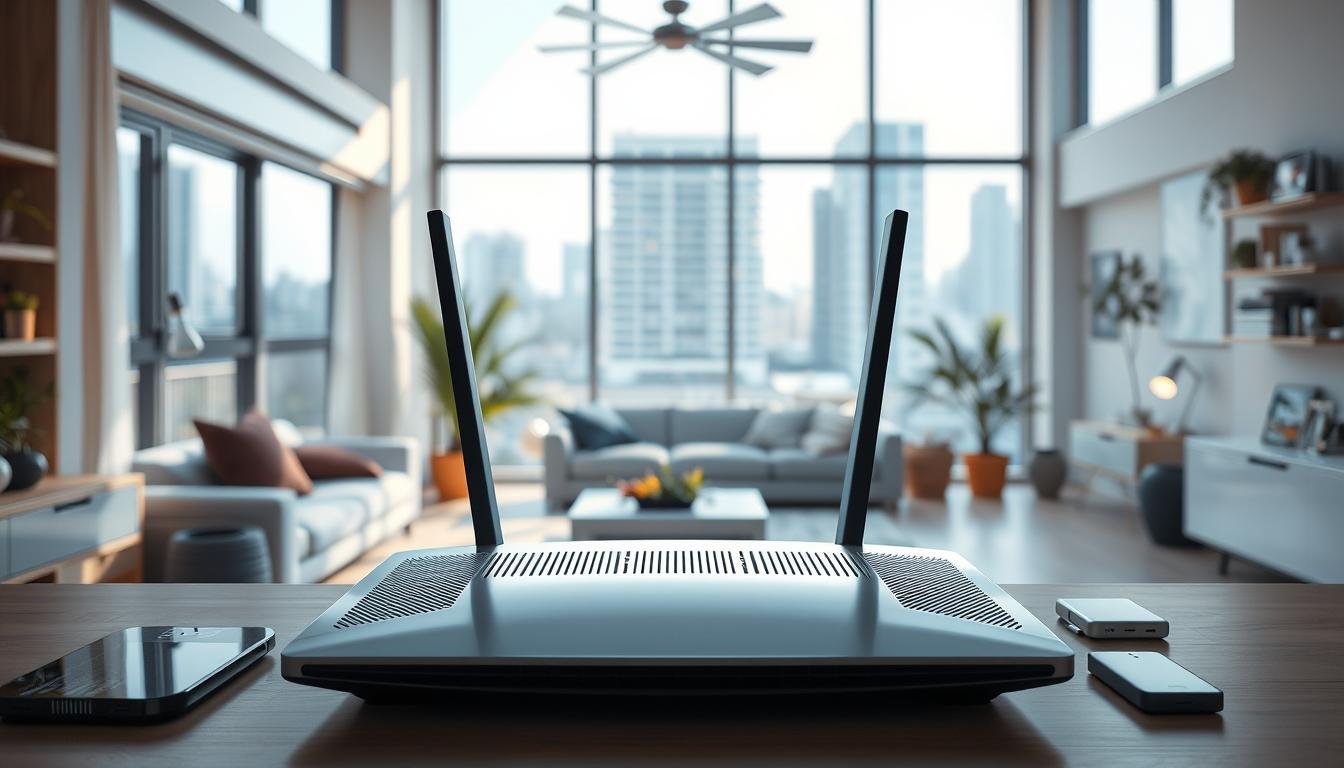 A vibrant and modern household interior, bathed in soft natural lighting through large windows. The central focus is a sleek, high-tech 'Telecombrother' router, showcasing its advanced connectivity capabilities. In the foreground, various smart home devices and gadgets are seamlessly integrated, highlighting the harmony of fiber optic and 5G technologies. The middle ground features a cozy living space with comfortable furnishings, demonstrating the practical applications of fast, reliable home broadband. The background subtly hints at the urban landscape outside, creating a sense of connectivity between the home and the digital world. The overall atmosphere conveys a sense of technological sophistication and domestic comfort.