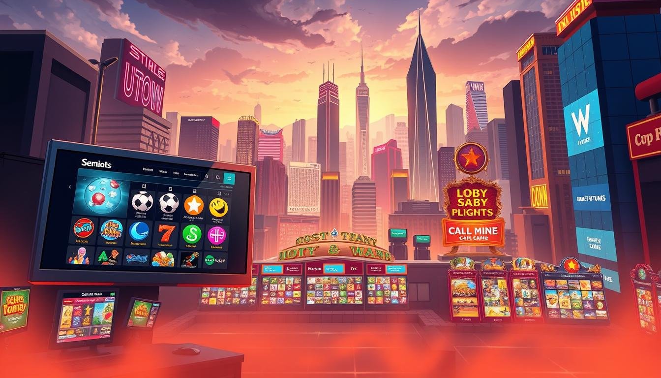 A vibrant, dynamic illustration of the "UTown Entertainment City" lottery gaming platform. In the foreground, a sleek, modern interface showcases a diverse array of lottery game options, with clean typography and an intuitive layout. The middle ground features stylized icons and visual cues, hinting at the variety of gaming experiences available. In the background, a sweeping cityscape with towering skyscrapers and neon-lit signage sets the scene, conveying a sense of urban energy and excitement. The overall composition is balanced, with a warm, inviting color palette and cinematic lighting that draws the viewer's attention to the key elements of the gaming platform. The resulting image should convey the depth and breadth of the UTown Entertainment City's lottery gaming offerings.
