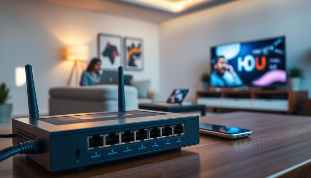 A well-lit, high-resolution image showcasing a Telecombrother home broadband setup. In the foreground, a modern router and multiple ethernet-connected devices, conveying a sense of reliable, high-speed connectivity. The middle ground features a sleek, minimalist home office setup, with a laptop, tablet, and smartphone in use. The background depicts a cozy living room, with a large, high-definition smart TV prominently displayed. The overall scene emanates a sense of technological integration, seamless internet access, and the convenience of a Telecombrother broadband plan for the modern, connected household. A well-lit, high-resolution image showcasing a Telecombrother home broadband setup. In the foreground, a modern router and multiple ethernet-connected devices, conveying a sense of reliable, high-speed connectivity. The middle ground features a sleek, minimalist home office setup, with a laptop, tablet, and smartphone in use. The background depicts a cozy living room, with a large, high-definition smart TV prominently displayed. The overall scene emanates a sense of technological integration, seamless internet access, and the convenience of a Telecombrother broadband plan for the modern, connected household.