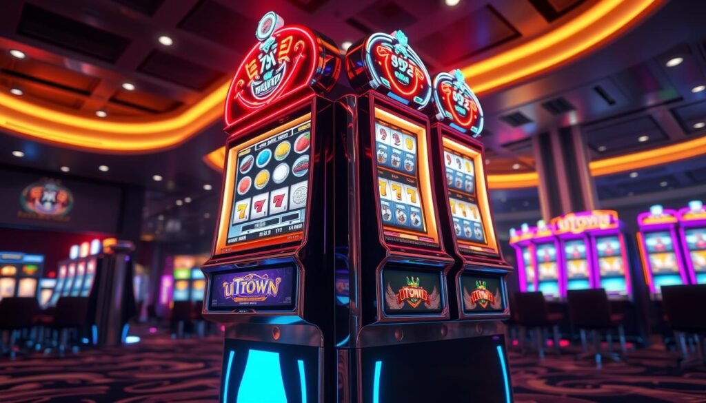Detailed cg electronic slot machine in a sleek, modern UTown casino setting. Intricately designed 3D slot machine with vivid lights, reflective surfaces, and dynamic animations. Cinematic lighting casts dramatic shadows, creating an immersive atmosphere. Carefully composed wide-angle shot showcases the machine's impressive scale and intricate mechanics. The focus is on the slot machine itself, without any distracting elements. Convey a sense of excitement and anticipation for the new gaming experience.