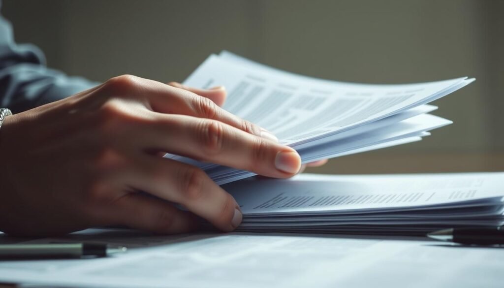 A close-up shot of a person's hands examining a stack of documents, scrutinizing the fine print and details. The lighting is slightly muted, casting subtle shadows that add depth and emphasis to the subject. The background is softly blurred, keeping the focus on the hands and documents. The overall mood is one of careful examination, with a sense of caution and vigilance. The image conveys the idea of carefully reviewing and identifying potential signs of illegal high-interest lending practices, in order to protect oneself from such predatory financial activities.