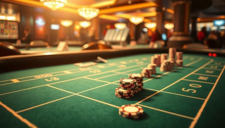 A close-up view of a casino-style baccarat table, bathed in warm, mellow lighting that casts a sophisticated ambiance. The table's green felt surface is adorned with precise markings and dividing lines, outlining the key player and banker zones. Stacks of casino chips in various denominations are neatly arranged, hinting at the strategic gameplay unfolding. In the background, a subtle blur suggests the presence of other gaming tables and the bustling energy of the casino floor. The overall composition conveys a sense of order, precision, and the analytical focus required to master the rules and strategies of this classic card game.