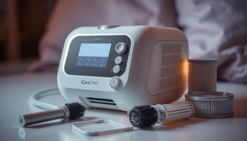 A close-up view of a modern iCareCPAP sleep apnea machine, its sleek, compact design illuminated by soft, diffused lighting. The machine's control panel is clearly visible, showcasing its intuitive interface with adjustable settings and indicators. The device is situated on a clean, minimalist surface, surrounded by essential maintenance tools such as a cleaning brush and replacement filters, emphasizing the importance of proper upkeep. The overall scene conveys a sense of care, attention to detail, and the essential role of this device in maintaining respiratory health. A close-up view of a modern iCareCPAP sleep apnea machine, its sleek, compact design illuminated by soft, diffused lighting. The machine's control panel is clearly visible, showcasing its intuitive interface with adjustable settings and indicators. The device is situated on a clean, minimalist surface, surrounded by essential maintenance tools such as a cleaning brush and replacement filters, emphasizing the importance of proper upkeep. The overall scene conveys a sense of care, attention to detail, and the essential role of this device in maintaining respiratory health.