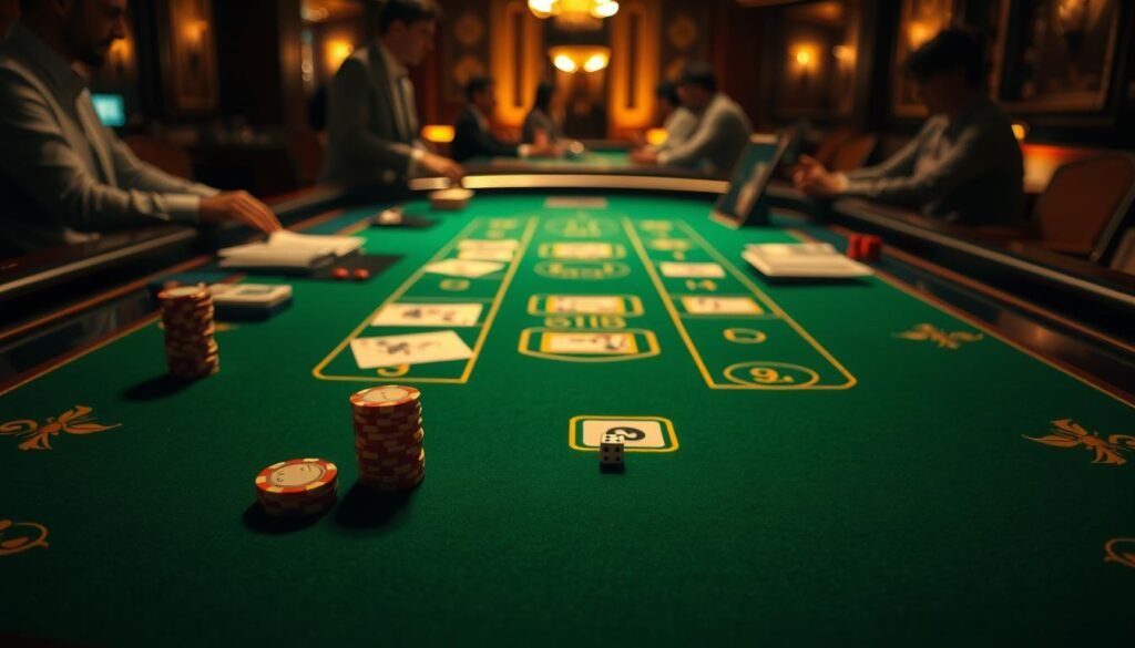 A dimly lit casino table, the green felt surface glowing under warm, golden lighting. Intricate patterns of chips, cards, and dice are neatly arranged, hinting at the strategic gameplay of baccarat. The table's edges are adorned with subtle decorative flourishes, reflecting the sophisticated atmosphere. In the background, the faint silhouettes of players and dealers can be seen, their focus intent on the game unfolding before them. The scene conveys a sense of tradition, elegance, and the careful application of baccarat's established rules, as befits the "conservative" approach to the game.