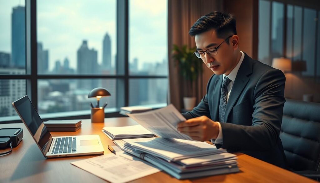 A modern, well-appointed office interior with a wooden desk, laptop, and stacks of documents. In the foreground, a Chinese businessman in a suit examines financial paperwork, his expression thoughtful. Soft, warm lighting illuminates the scene, creating an atmosphere of professionalism and diligence. The background features a large window overlooking a bustling city skyline, conveying a sense of urban dynamism. The overall impression is one of a knowledgeable and trustworthy financial services provider, well-equipped to guide clients through the intricacies of private lending.