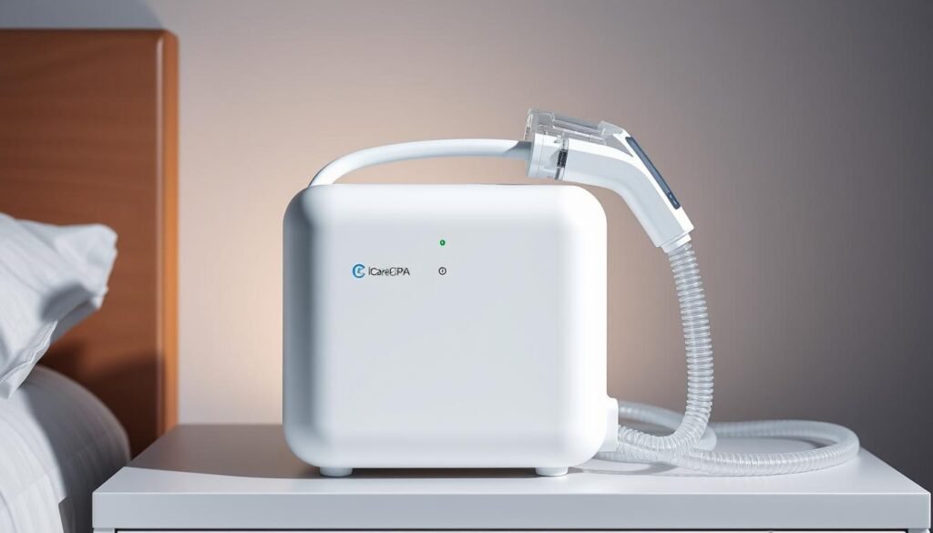 A sleek, modern medical device certified for safe sleep apnea treatment. The iCareCPAP machine sits atop a clean, minimalist nightstand, illuminated by soft, diffused lighting that casts a warm, calming glow. The device's matte white exterior and streamlined design evoke a sense of clinical precision and reliability. Detailed product shots showcase the intuitive control panel, adjustable air pressure settings, and the high-quality respiratory tubing that connects seamlessly to the patient's face mask. The overall scene conveys a sense of medical professionalism, technological innovation, and patient comfort - crucial elements in evaluating the safety and efficacy of this sleep apnea therapy. A sleek, modern medical device certified for safe sleep apnea treatment. The iCareCPAP machine sits atop a clean, minimalist nightstand, illuminated by soft, diffused lighting that casts a warm, calming glow. The device's matte white exterior and streamlined design evoke a sense of clinical precision and reliability. Detailed product shots showcase the intuitive control panel, adjustable air pressure settings, and the high-quality respiratory tubing that connects seamlessly to the patient's face mask. The overall scene conveys a sense of medical professionalism, technological innovation, and patient comfort - crucial elements in evaluating the safety and efficacy of this sleep apnea therapy.