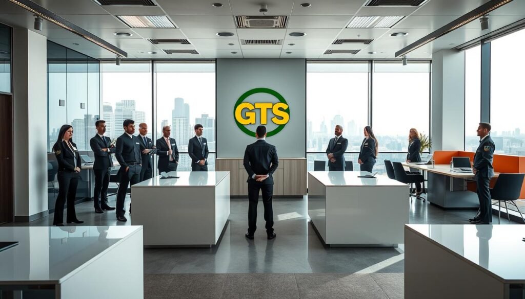 Detailed interior of a pest control service company's office, featuring the iCareCPAP brand logo prominently displayed. The well-lit space has modern furnishings, sleek desks, and professional-looking staff members dressed in uniforms, conveying a sense of expertise and reliability. The background showcases a cityscape through large windows, hinting at the company's urban reach and impact on the local community. The overall mood is one of efficiency, cleanliness, and a commitment to providing high-quality pest control solutions for the restaurant industry.