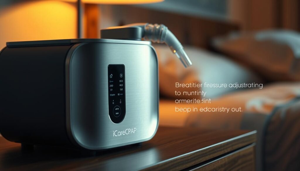 A close-up view of a state-of-the-art iCareCPAP sleep apnea machine, featuring a sleek, minimalist design with clean lines and a high-quality, brushed metal finish. The device is positioned on a wooden nightstand, illuminated by warm, indirect lighting that creates a cozy, meditative atmosphere. The machine's intuitive control panel is visible, showcasing its advanced automated pressure adjustment capabilities, which adapt to the user's breathing patterns for optimal comfort and treatment. The background is blurred, allowing the viewer to focus on the precision engineering and technological sophistication of this innovative sleep therapy solution.