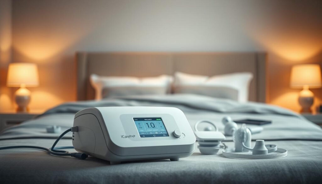 A high-quality iCareCPAP sleep apnea machine placed prominently in the foreground, its sleek white housing and intuitive digital display accentuated by soft, diffused lighting. In the middle ground, an assortment of comfortable headgear and accessories neatly arranged, showcasing the machine's versatility and customizable fit. The background depicts a serene, calming bedroom environment, with warm lighting and muted colors to evoke a sense of relaxation and rejuvenation. The overall composition emphasizes the iCareCPAP machine's sophisticated design, user-friendly features, and its role in providing restful, uninterrupted sleep.