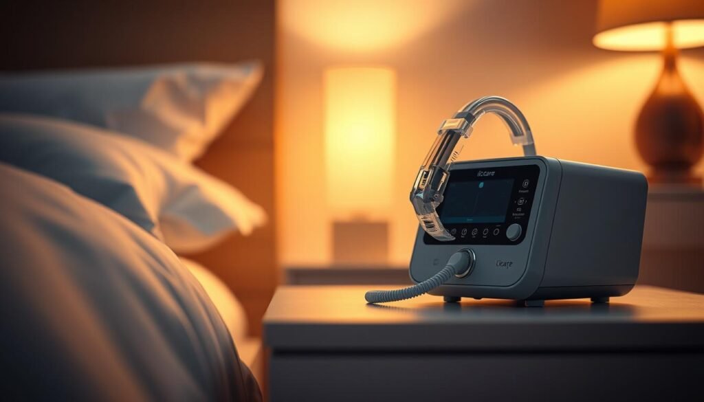 A close-up view of a modern, sleek iCareCPAP sleep apnea machine with a clear, intuitive control panel and a comfortable nasal mask. The machine is positioned on a minimalist bedside table, bathed in warm, soft lighting that creates a soothing, therapeutic atmosphere. The foreground is in sharp focus, while the background is subtly blurred, drawing the viewer's attention to the device's elegant design and advanced features. The image conveys a sense of comfort, efficiency, and healthcare technology seamlessly integrated into the bedroom environment. A close-up view of a modern, sleek iCareCPAP sleep apnea machine with a clear, intuitive control panel and a comfortable nasal mask. The machine is positioned on a minimalist bedside table, bathed in warm, soft lighting that creates a soothing, therapeutic atmosphere. The foreground is in sharp focus, while the background is subtly blurred, drawing the viewer's attention to the device's elegant design and advanced features. The image conveys a sense of comfort, efficiency, and healthcare technology seamlessly integrated into the bedroom environment.
