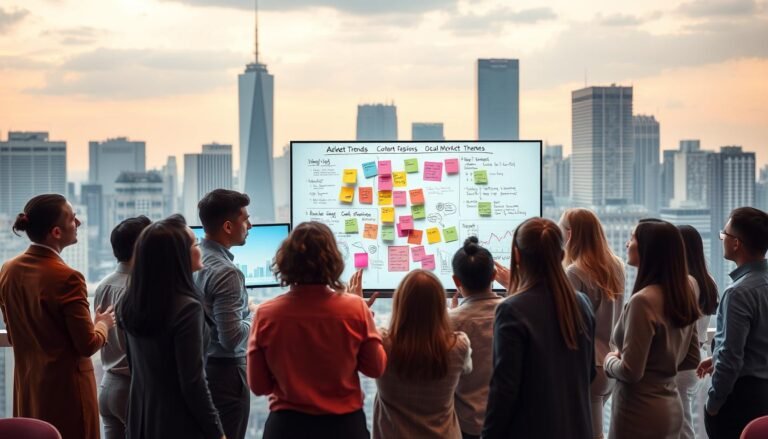 A dynamic scene depicting a modern advertising strategy meeting set against a city skyline in the background, symbolizing market trends. In the foreground, a diverse group of professionals in business attire, deep in discussion, surrounded by digital screens displaying graphs and charts reflecting advertising market data. The middle layer features an interactive whiteboard with colorful post-it notes and sketches representing local festival themes and content planning strategies. Use warm, inviting lighting to create an atmosphere of collaboration and innovation. The camera angle is slightly elevated, framing the group interactively engaged, evoking a sense of urgency and excitement in the advertising landscape. The image should evoke a sense of dynamic potential and forward-thinking within the advertising space, without any text or logos.